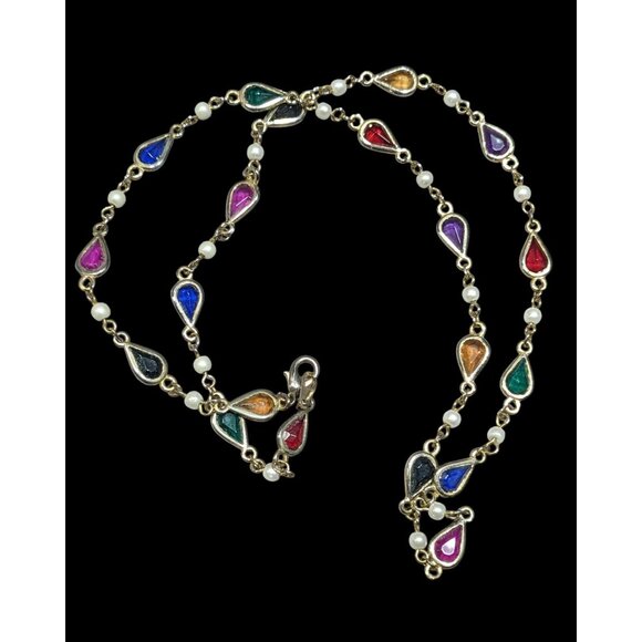 Vintage Rainbow Teardrop Gem Necklace With Faux Pearl Accents - Picture 1 of 5
